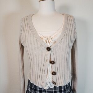 RSQ Collective Knit Cardigan Sweater Women's L Brown Buttons Ribbed Beige Top